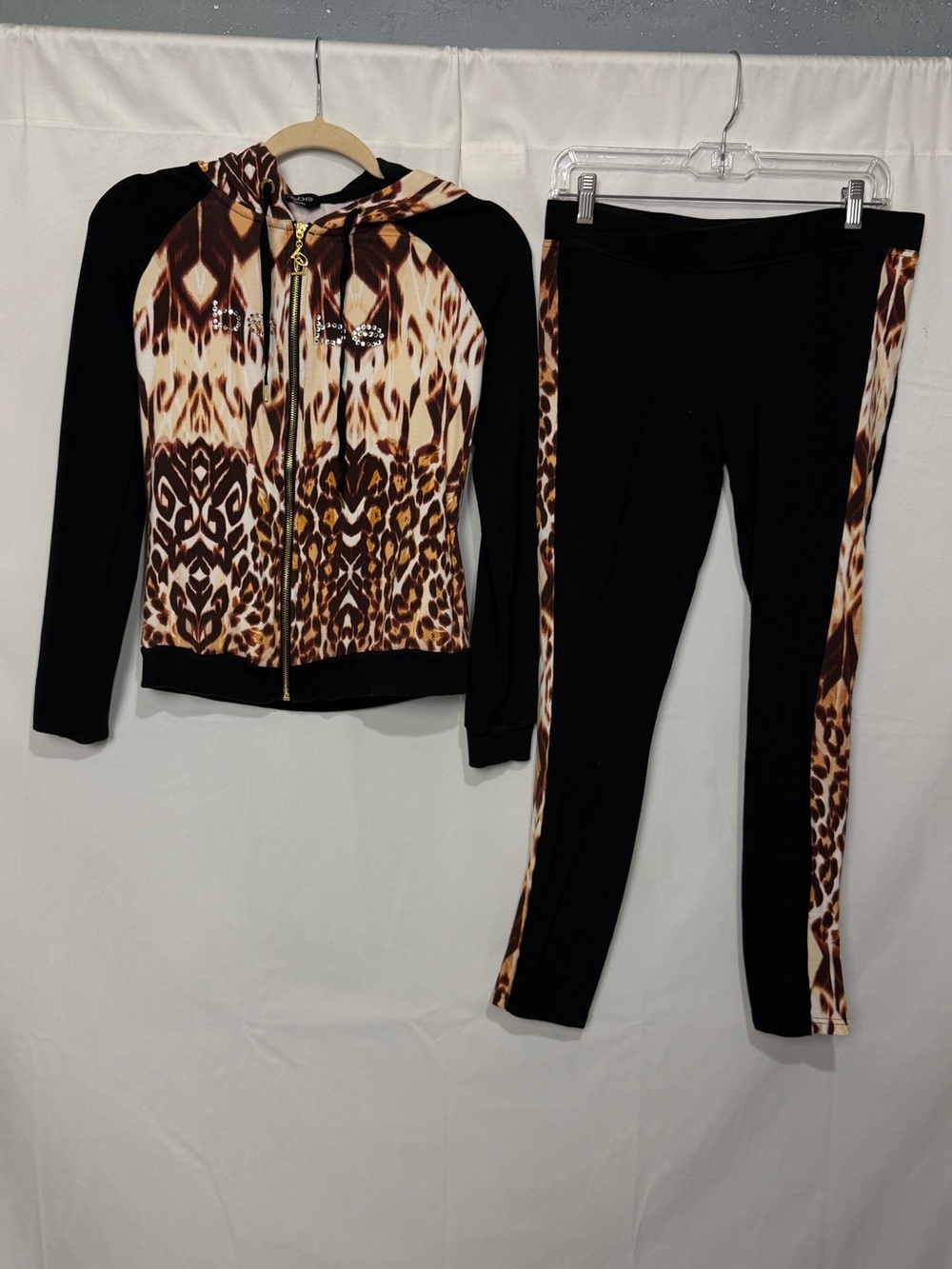 Bebe Tracksuit Leopard Print Black Sz Large Vintage Hoodie Leggings